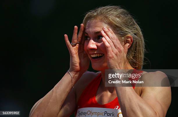 Melissa Breen of Victoria reacts after winning the Womens 100 metres during the Sydney Track Classic at Sydney Olympic Park Sports Centre on March 9,...