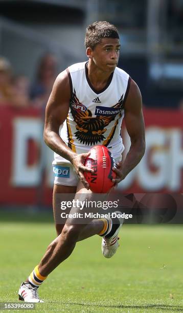 Bradley Hill of the Hawthorn Hawks looks ahead with the ball during the round three NAB Cup AFL match between the Hawthorn Hawks and the Richmond...