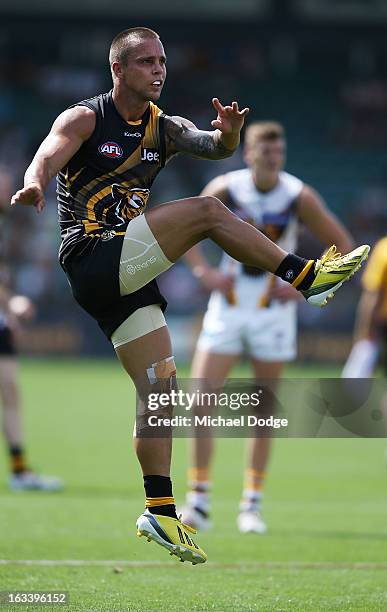 Jake King of the Richmond Tigers kicks the ball during the round three NAB Cup AFL match between the Hawthorn Hawks and the Richmond Tigers at Aurora...