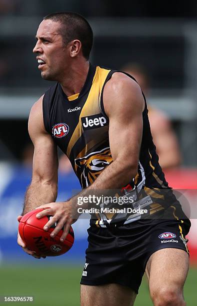 Troy Chaplin of the Richmond Tigers looks ahead with the ball during the round three NAB Cup AFL match between the Hawthorn Hawks and the Richmond...