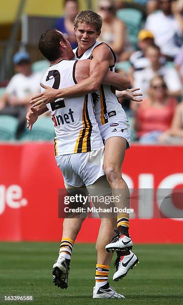 Jed Anderson of the Hawthorn Hawks celebrates his goal with Jarryd Roughead during the round three NAB Cup AFL match between the Hawthorn Hawks and...