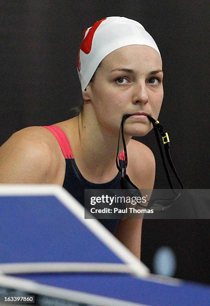 Keri-Anne Payne prepares to swim in the Women's 1500m Freestyle on day three of the 2013 British Gas International meeting at John Charles Centre for...