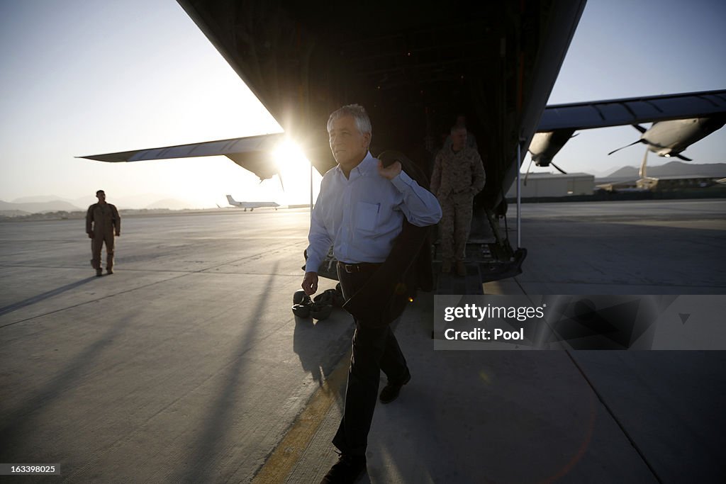 U.S. Defense Secretary Chuck Hagel flies aboard a military helicopter from Kabul to Bagram Air Field