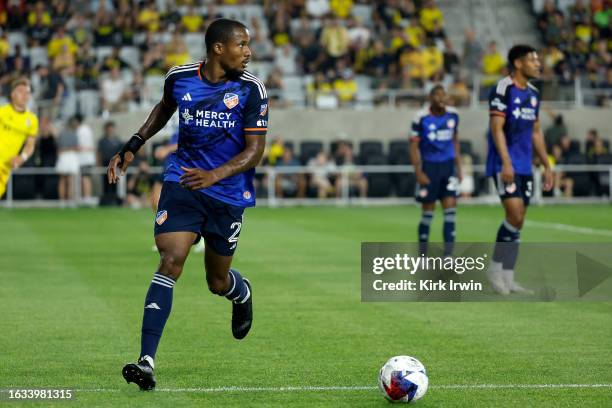 Alvas Powell of FC Cincinnati controls the ball during the match against the Columbus Crew at Lower.com Field on August 20, 2023 in Columbus, Ohio....