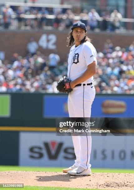 Alex Faedo of the Detroit Tigers looks on from the pitchers mound during the game against the Houston Astros at Comerica Park on August 27, 2023 in...