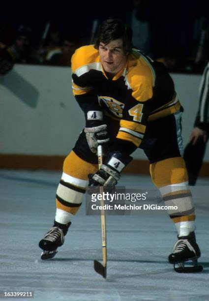Bobby Orr of the Boston Bruins waits for the face-off during an NHL game circa 1973.