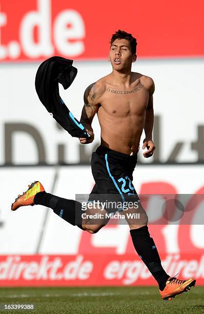 Roberto Firmino of Hoffenheim celebrates after scoring the opening/first goal during the Bundesliga match between SpVgg Greuther Fuerth and TSG 1899...