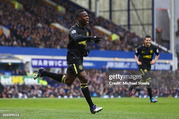 Maynor Figueroa of Wigan Athletic celebrates scoring his sides opening goal during the FA Cup Sixth Round match between Everton and Wigan Athletic at...