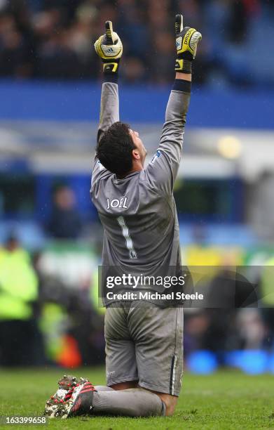 Joel Robles of Wigan Athletic celebrates at the final whistle after his sides 3-0 victory during the FA Cup Sixth Round match between Everton and...