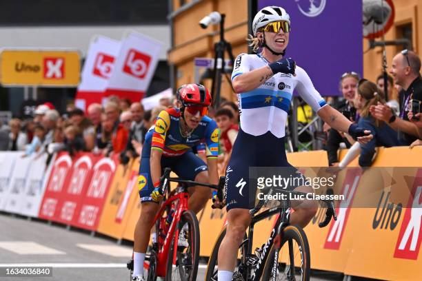 Lorena Wiebes of The Netherlands and Team SD Worx celebrates at finish line as stage winner ahead of Elisa Balsamo of Italy and Team Lidl - Trek...