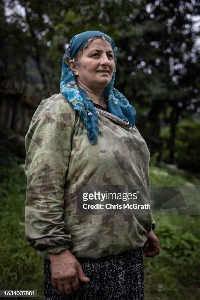 Year-old beekeeper Melahat Gulbin poses for a portrait amid their Caucasian queen bee breeding boxes on August 17, 2023 in Macahel, Turkey. Macahel,...