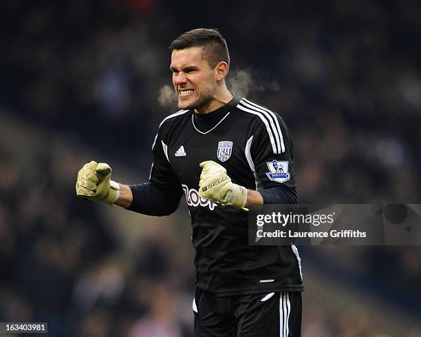 Ben Foster of West Bromwich Albion celebrates the third goal during the Barclays Premier League match between West Bromwich Albion and Swansea City...