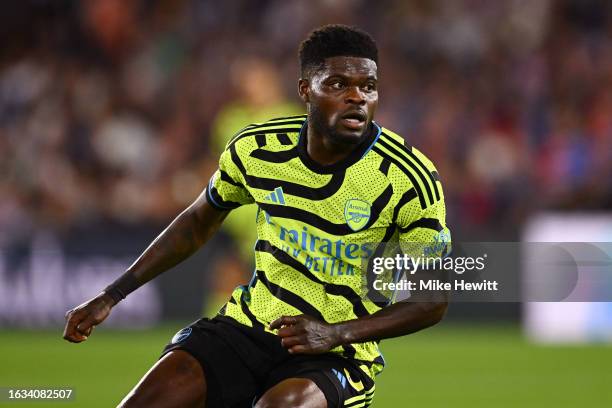 Thomas Partey of Arsenal in action during the Premier League match between Crystal Palace and Arsenal FC at Selhurst Park on August 21, 2023 in...