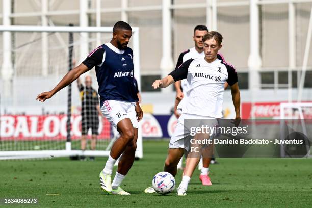 Gleison Bremer, Dean Huijsen of Juventus during a training session at JTC on August 30, 2023 in Turin, Italy.