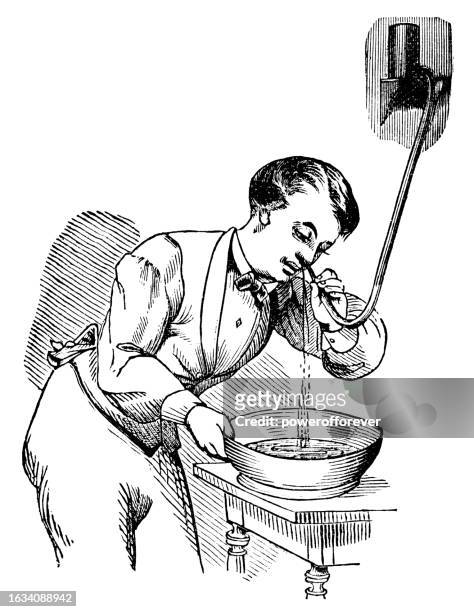 stockillustraties, clipart, cartoons en iconen met victorian nasal irrigation machine by dr. ray vaughn pierce (wall mounted neti pot) - 19th century - wash bowl
