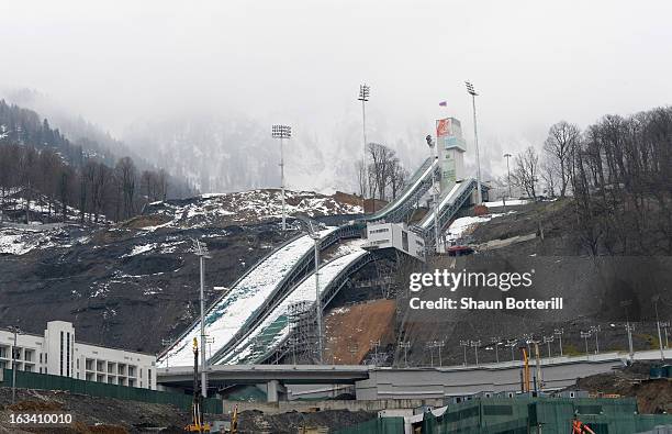 View of the RusSki Gorki Ski Jumping Center on March 9, 2013 in Sochi, Russia.