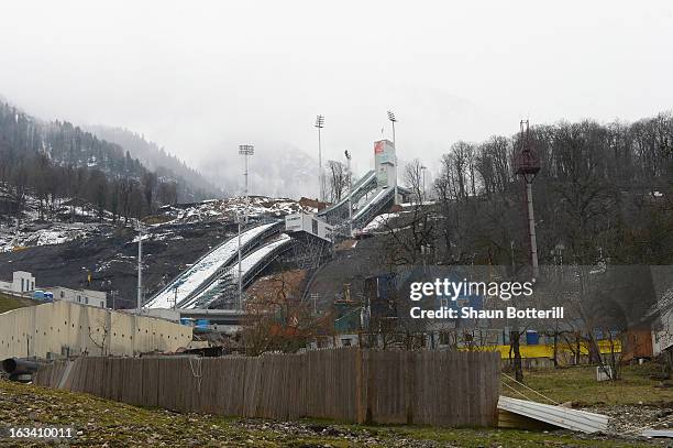 View of the RusSki Gorki Ski Jumping Center on March 9, 2013 in Sochi, Russia.