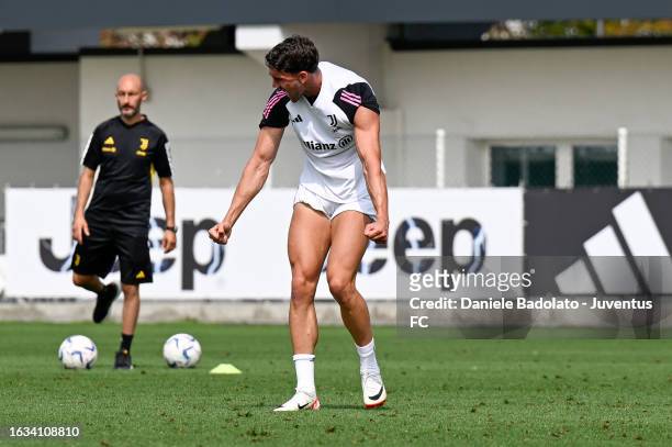 Dusan Vlahovic of Juventus during a training session at JTC on August 30, 2023 in Turin, Italy.