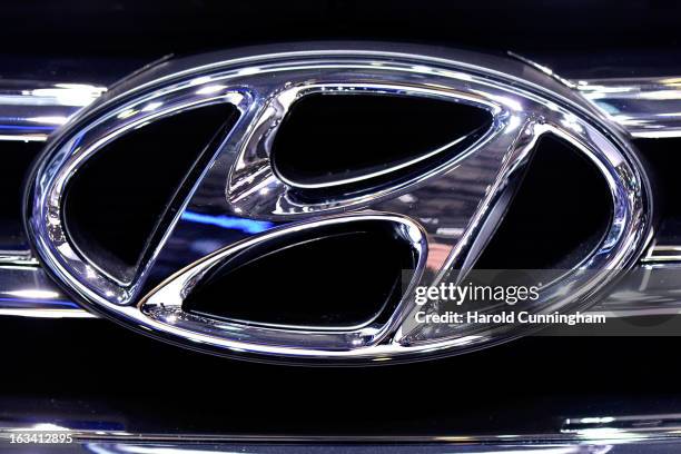 The Hyundai logo is seen during the 83rd Geneva Motor Show on March 6, 2013 in Geneva, Switzerland. Held annually with more than 130 product premiers...