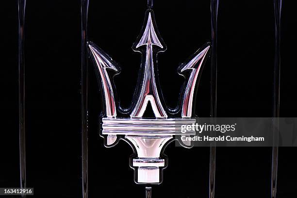 Maserati logo is seen during the 83rd Geneva Motor Show on March 5, 2013 in Geneva, Switzerland. Held annually with more than 130 product premiers...