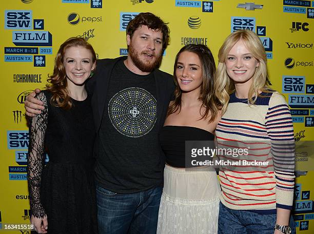 Actress Ashley Bell, Director Bryan Poyser, actress Addison Timlin and actress Sara Paxton attend the photo op for "The Bounceback" during the 2013...