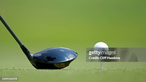 Detail of the ball of Jon Rahm of Spain during a practice round prior to the TOUR Championship at East Lake Golf Club on August 23, 2023 in Atlanta,...