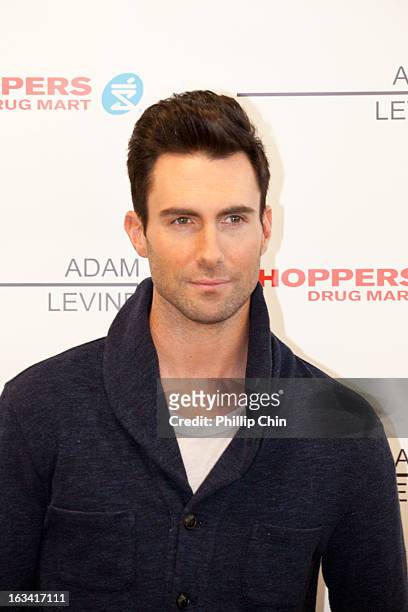 Singer Adam Levine celebrates the launch of his debut fragrance in Vancouver sold exclusively in Canada at Shoppers Drug Mart on March 8, 2013 in...