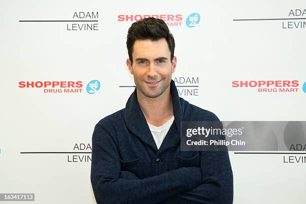 Singer Adam Levine celebrates the launch of his debut fragrance in Vancouver sold exclusively in Canada at Shoppers Drug Mart on March 8, 2013 in...