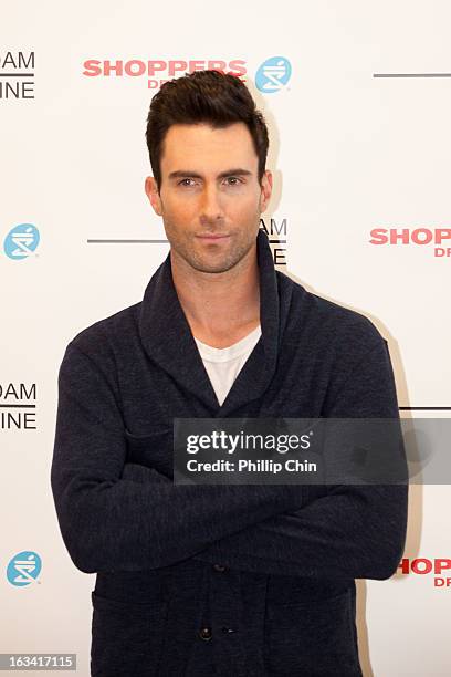 Singer Adam Levine celebrates the launch of his debut fragrance in Vancouver sold exclusively in Canada at Shoppers Drug Mart on March 8, 2013 in...