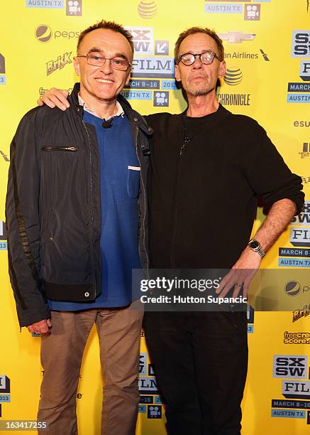 Filmmaker Danny Boyle and journalist David Carr pose in the greenroom at A Conversation With Danny Boyle during the 2013 SXSW Music, Film +...