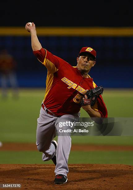 Sergio Perez of Spain pitches against Puerto Rico during the first round of the World Baseball Classic at Hiram Bithorn Stadium on March 8, 2013 in...