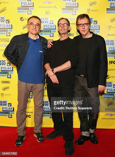 Filmmaker Danny Boyle, journalist David Carr and composer Rick Smith pose in the greenroom at A Conversation With Danny Boyle during the 2013 SXSW...