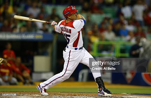 Carlos Beltran of Puerto Rico bats against Spain during the first round of the World Baseball Classic at Hiram Bithorn Stadium on March 8, 2013 in...