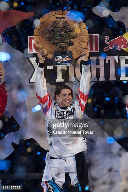 Tom Pages of France celebrates after winning the Red Bull X-Fighters Moto Cross at plaza de toros Mexico on March 08, 2013 in Mexico City, Mexico.