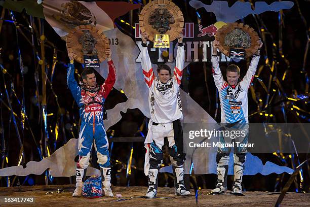 Tom Pages of France celebrates after winning the Red Bull X-Fighters Moto Cross at plaza de toros Mexico on March 08, 2013 in Mexico City, Mexico.