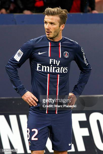 David Beckham of PSG in action during the French Ligue 1 match between Paris Saint-Germain FC and Nancy FC at Parc des Princes on March 9, 2013 in...