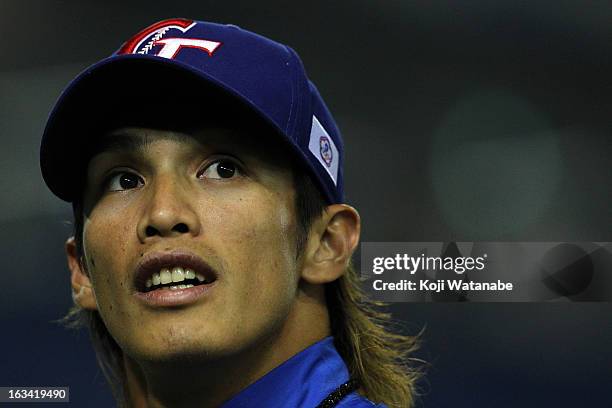 Outfielder Dai-Kang Yang of Chinese Taipei looks on the World Baseball Classic Second Round Pool 1 game between Chinese Taipei and Cuba at Tokyo Dome...