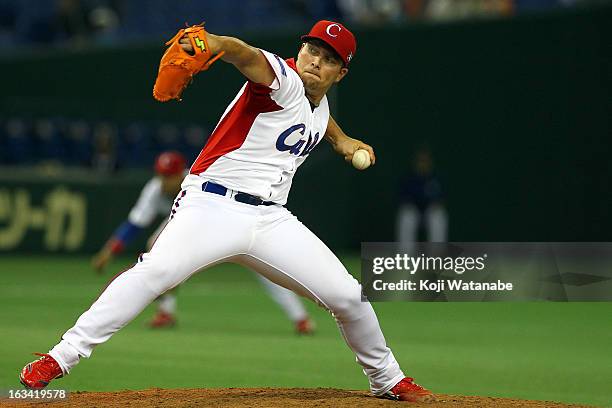 Pitcher Norberto Gonzalez#33 of Cuba pitches during the World Baseball Classic Second Round Pool 1 game between Chinese Taipei and Cuba at Tokyo Dome...