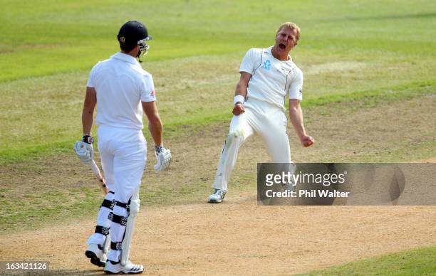 Neil Wagner of New Zealand celebrates his LBW of Nick Compton of England during day five of the First Test match between New Zealand and England at...