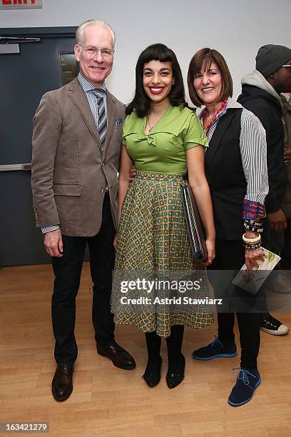 Tim Gunn, Fashion designer Yelaine Rodriguez and Kay Unger visit the Parsons Scholar Program at Parsons The New School for Design on March 9, 2013 in...
