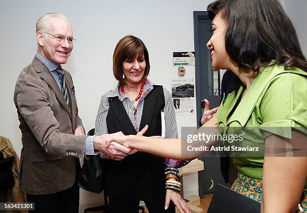 Tim Gunn and Kay Unger greet fashion designer Yelaine Rodriguez during a visit to the Parsons Scholar Program at Parsons The New School for Design on...