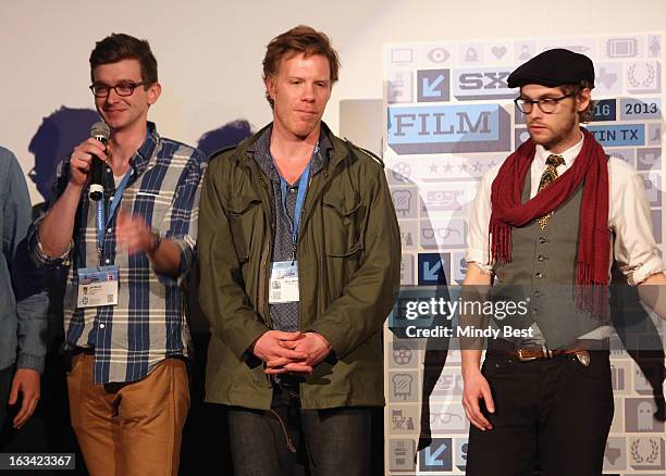 Actors/filmmakers Josh Barrett, Marc Menchaca and Tobias Segal speak onstage at the "This Is Where We Live" Q&A during the 2013 SXSW Music, Film +...