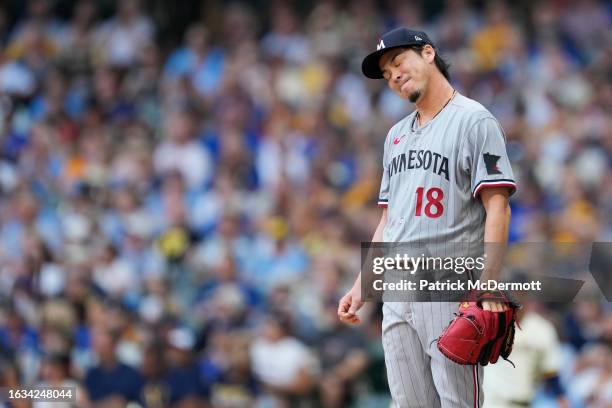 Kenta Maeda of the Minnesota Twins reacts in the first inning against the Milwaukee Brewers at American Family Field on August 23, 2023 in Milwaukee,...