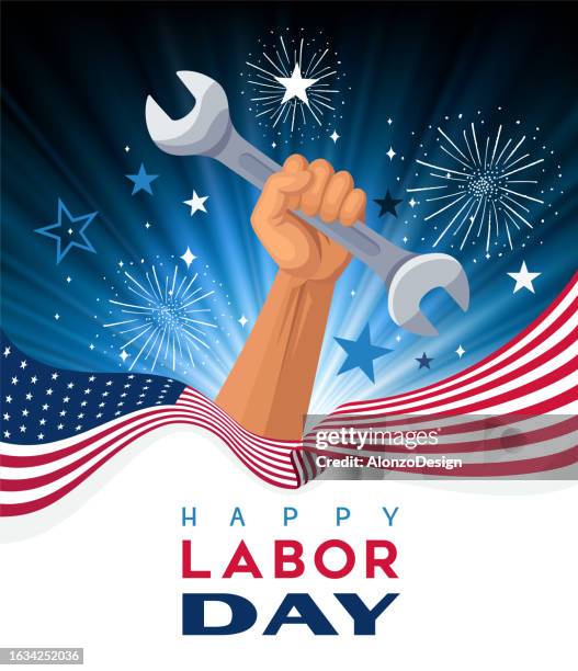 labor day. hand holding wrench. - may day international workers day stock illustrations