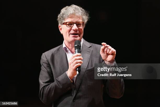 Roger Willemsen moderates a reading during the lit. Cologne at 'Highschool for music and dance' on March 9, 2013 in Cologne, Germany.