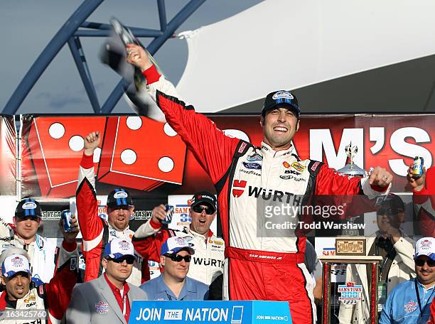 Sam Hornish Jr., driver of the Wurth Ford, celebrates in Victory Lane after winning the NASCAR Nationwide Series Sam's Town 300 at Las Vegas Motor...