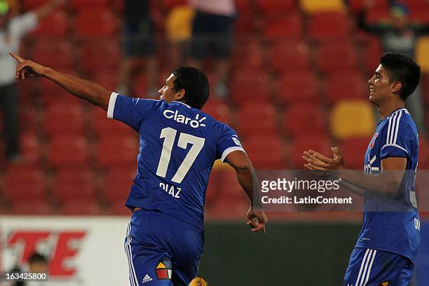 Isac Diaz, of Universidad de Chile, celebrates a scored goal during a match between Universidad de Chile and Deportes Iquique as part of the Torneo...