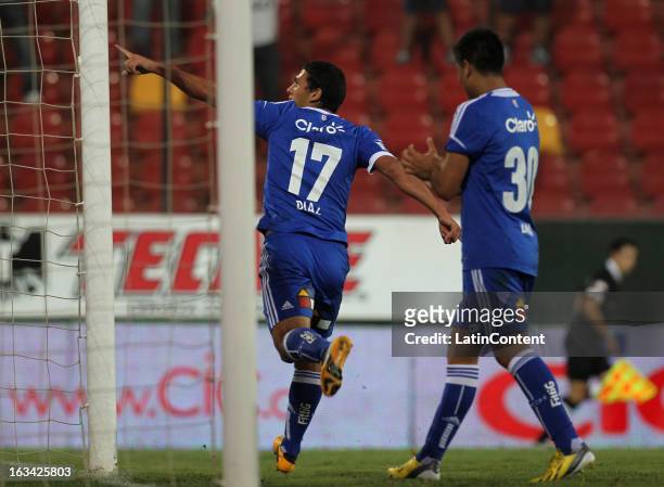 Isac Diaz, of Universidad de Chile, celebrates a scored goal during a match between Universidad de Chile and Deportes Iquique as part of the Torneo...
