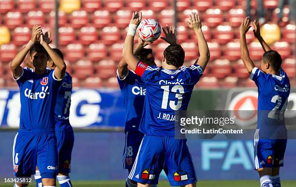 Players of Universidad de Chile before a match between Universidad de Chile and Deportes Iquique as part of the Torneo Transicin 2013 at Santa Laura...