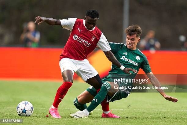 Giorgos Vagiannidis of Panathinaikos FC competes for the ball with Armindo Tue Na Bangna 'Bruma' of SC Braga during the UEFA Champions League...